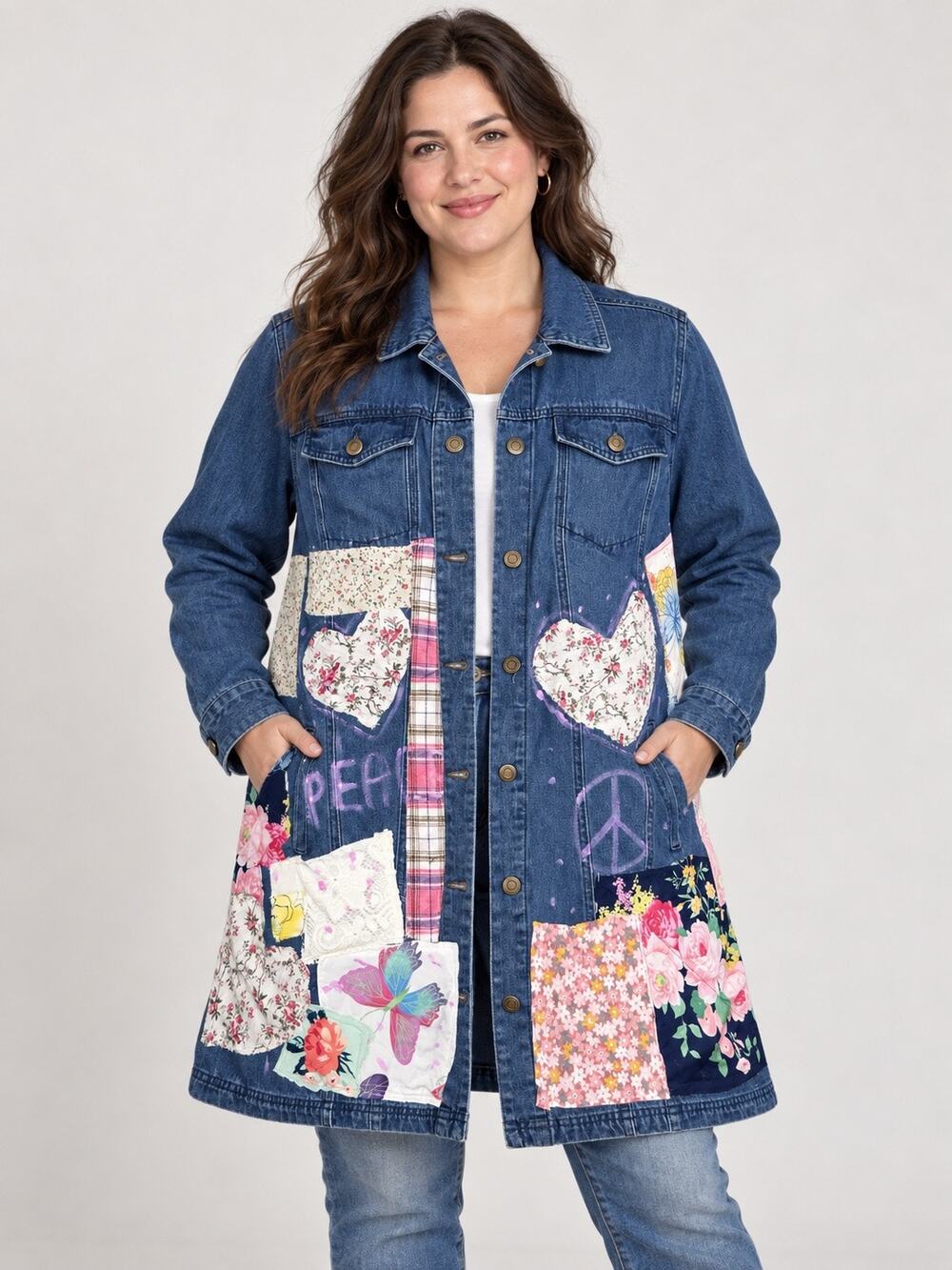 Jessica London Women’s L Upcycled Denim Jacket Peace Patchwork Boho OOAK